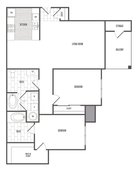 A floor plan of a house with a kitchen, living room, and two bedrooms.